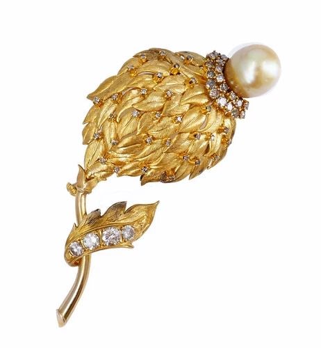 VINTAGE BROOCH 14K GOLD PEARL DIAMOND PIN ESTATE JEWELRY (1 of 2)