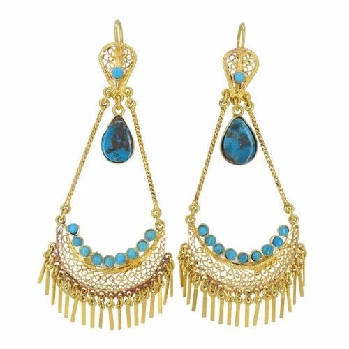 VINTAGE 18K GOLD TURQUOISE CHANDELIER EARRINGS: VINTAGE 18K GOLD TURQUOISE CHANDELIER EARRINGS KL AOOO Vintage 18k gold chandelier earrings set with turquoise, featuring pierced filigree crescent forms with articulated fringe and suspended teardrop