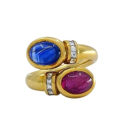 FRENCH 18K GOLD RUBY SAPPHIRE DIAMOND BYPASS RING: FRENCH 18K GOLD RUBY SAPPHIRE DIAMOND BYPASS RING CIRCA: 1980’s MATERIALS: 18k Gold GEMSTONE: Diamond GEMSTONE 2: Sapphire, Ruby WEIGHT: 9.2 Grams RING SIZE: 6 - 6.25 HALLMARKS: French Eagle Head Ma