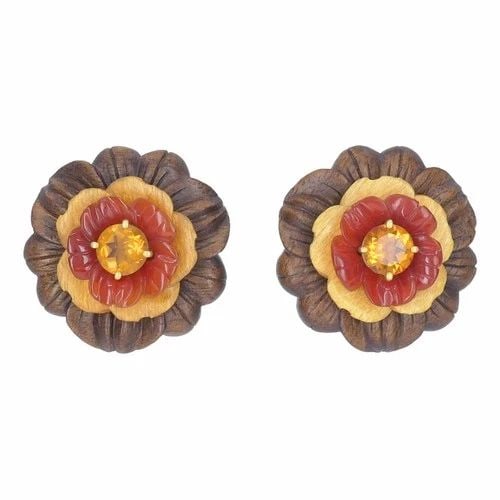 BETTINA GABETTI FOR TRIANON FLOWER EARRINGS 18K GOLD WOOD CARNELIAN CITRINE (1 of 2)