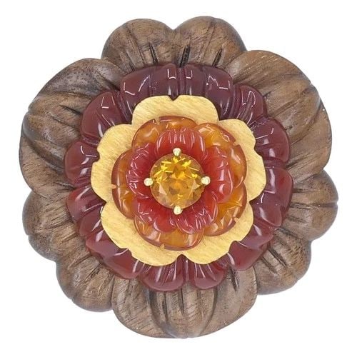 BETTINA GABETTI FOR TRIANON FLOWER BROOCH 18K GOLD CARVED WOOD CARNELIAN CITRINE (1 of 2)