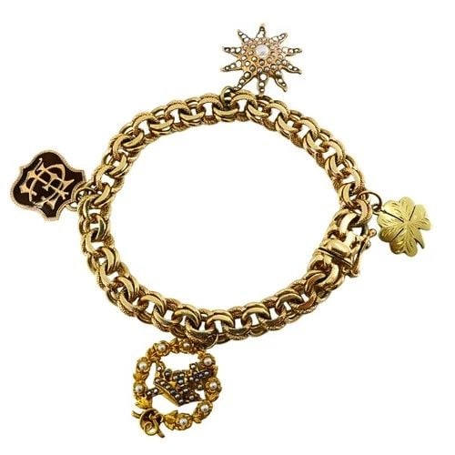 VICTORIAN 14K GOLD LINK BRACELET ENAMEL PEARL & ENGRAVED CHARMS: VICTORIAN 14K GOLD LINK BRACELET ENAMEL PEARL & ENGRAVED CHARMS Product details: MATERIALS: 14k Gold GEMSTONE: Pearl WEIGHT: 33.1 Grams MEASUREMENTS: 1/4” x 7" Charms - 3/4" HALLMARKS: 14K, 1900