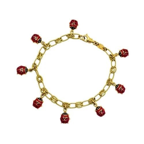 18K GOLD CHAIN 14K GOLD ENAMEL LADYBUG CHARMS BRACELET: 18K GOLD CHAIN 14K GOLD ENAMEL LADYBUG CHARMS BRACELET Product details: MATERIALS: Charms - 14k Gold, Chain - 18k Gold, Enamel WEIGHT: 11.8 Grams MEASUREMENTS: Length - 7", Charm - 1/4" x 5/16" HALLMA