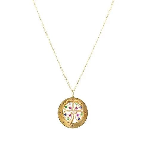 14K GOLD GEMSTONES CLOVER PENDANT NECKLACE: 14K GOLD GEMSTONES CLOVER PENDANT NECKLACE DESIGNER: Unknown CIRCA: Late 20th Century MATERIALS: 14k Gold GEMSTONE: Ruby, Sapphire, Emerald, Diamond WEIGHT: 12.8 Grams MEASUREMENTS: Pendant Diameter -