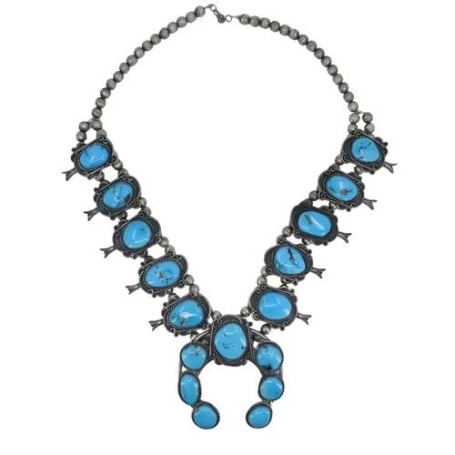 NAVAJO NATIVE INDIAN STERLING SILVER TURQUOISE SQUASH BLOSSOM NECKLACE (1 of 2)