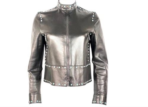 VALENTINO BLACK LEATHER STUDDED JACKET SIZE 8: VALENTINO BLACK LEATHER STUDDED JACKET SIZE 8 VALENTINO BLACK LEATHER STUDDED JACKET SIZE 8 Size 8 Silver tone geometric and turquoise round studs detail Collar Zip closure Two front zipped pockets Tw