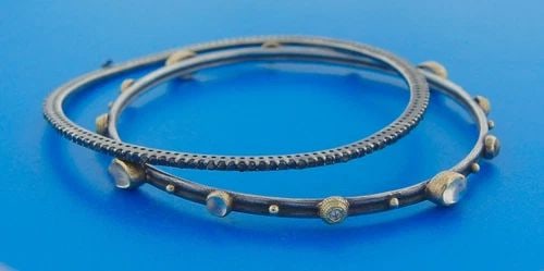 CHIC BLACK DIAMOND MOONSTONE YELLOW GOLD SLIVER BANGLE BRACELET - STYLISH PAIR (1 of 2)
