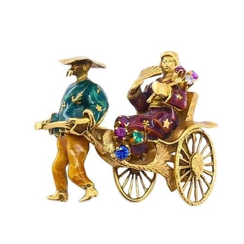 VINTAGE 18K GOLD ENAMEL RIKSHA BROOCH PIN GEMSTONE ACCENTS: VINTAGE 18K GOLD ENAMEL RIKSHA BROOCH PIN GEMSTONE ACCENTS Product details: MATERIALS: 18k Gold, Enamel WEIGHT: 12.5 Grams MEASUREMENTS: 1 1/8" x 1 1/4" HALLMARKS: 750 ITEM DETAILS: Vintage 18k Gold E