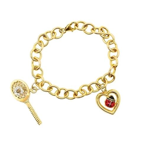 14K GOLD LINK CHARM BRACELET VINTAGE JEWELRY: 14K GOLD LINK CHARM BRACELET VINTAGE JEWELRY DESIGNER: Unknown CIRCA: Late 20th Century MATERIALS: 14k Gold, Enamel WEIGHT: 17.7 Grams MEASUREMENTS: 1/4” x 6 7/8" HALLMARKS: 14K, 585 ITEM DETAIL