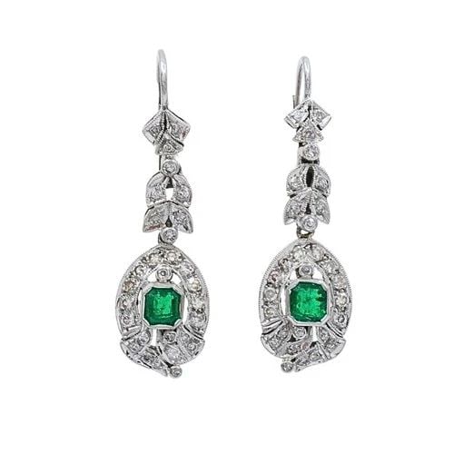 ART DECO-STYLE 12K WHITE GOLD EMERALD DIAMOND DROP EARRINGS (1 of 2)
