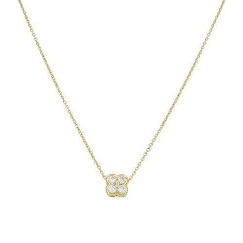 TIFFANY & CO. 18K GOLD DIAMOND CLOVER FLOWER PENDANT NECKLACE: Tiffany & Co. 18k Gold Diamond Clover Flower Pendant Necklace KL JJOO This Tiffany & Co. diamond flower pendant necklace is crafted in 18k yellow gold and features a refined floral motif suspended alo