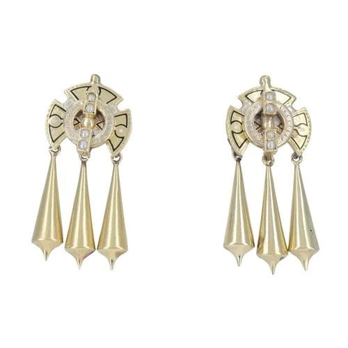 VICTORIAN 14K GOLD ENAMEL SEED PEARL MECHANICAL DROP EARRINGS: VICTORIAN 14K GOLD ENAMEL SEED PEARL MECHANICAL DROP EARRINGS KL JJOO These Victorian 14k gold enamel and seed pearl drop earrings date to the late 19th century and feature an Etruscan Revival design 
