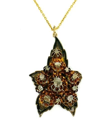 ANTIQUE 14K YELLOW GOLD DIAMOND ENAMEL FLOWER PENDANT CHAIN NECKLACE: ANTIQUE 14K YELLOW GOLD DIAMOND ENAMEL FLOWER PENDANT CHAIN NECKLACE Antique 14k Yellow Gold Diamond Enamel Flower Pendant with a Chain Necklace Features 12 rose cut diamonds. The chain is made of 10k