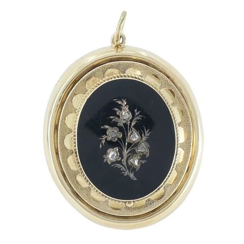 VICTORIAN 14K GOLD ENAMEL ROSE CUT DIAMOND PENDANT: VICTORIAN 14K GOLD ENAMEL ROSE CUT DIAMOND PENDANT KL ROO This Victorian era 14k yellow gold enamel and diamond pendant dates to the late 19th century, circa 1880s to 1900. The front features a black 