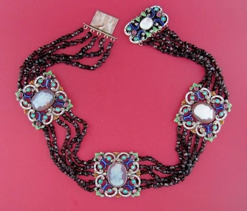 ANTIQUE CAMEO GARNET BEAD SILVER CHOKER NECKLACE VICTORIAN AUSTRO-HUNGARIAN: ANTIQUE CAMEO GARNET BEAD SILVER CHOKER NECKLACE VICTORIAN AUSTRO-HUNGARIAN Victorian Shell Cameo on Five-Strand Garnet Bead Silver Choker Necklace with Ruby Turquoise Enamel Gorgeous Austro-Hungarian