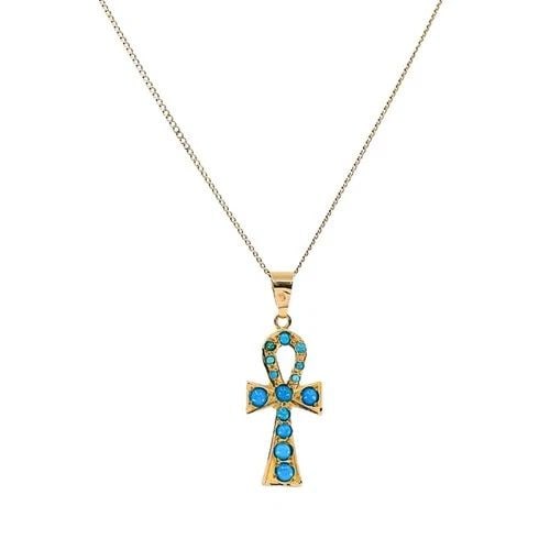 VINTAGE 21K GOLD TURQUOISE ANKH PENDANT 14K GOLD CHAIN NECKLACE: VINTAGE 21K GOLD TURQUOISE ANKH PENDANT 14K GOLD CHAIN NECKLACE MATERIALS 14k & 21k Gold GEMSTONE Turquoise WEIGHT 4.5 Grams MEASUREMENTS Pendant - 9/16" x 1 1/4" Chain - 14 1/2" HALLMARKS 21 ITEM DET