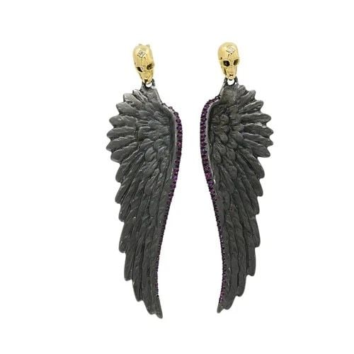THEODOROS 18K GOLD & STERLING SILVER RUBY WING SKULL EARRINGS: THEODOROS 18K GOLD & STERLING SILVER RUBY WING SKULL EARRINGS Designer Theodoros Materials 18k Gold, 925 Sterling Silver Gemstone Ruby, Diamond Weight 11.9 Grams Measurement 1/2" x 2 1/8" Hallmarks Th