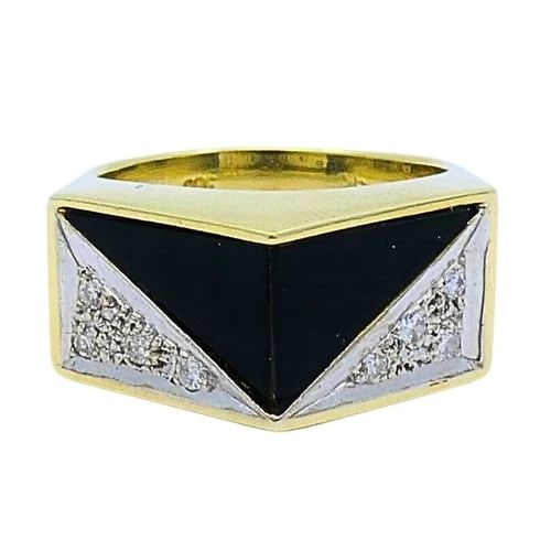 VINTAGE GEOMETRIC RING 14K GOLD ONYX DIAMOND (1 of 2)