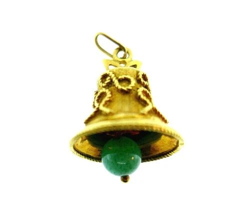 VINTAGE 18K YELLOW GOLD JADE BELL CHARM: VINTAGE 18K YELLOW GOLD JADE BELL CHARM Features hammered gold and filigree elements. Can be wearing as a pendant. Stamped with a hallmark for 18k gold Measurements: 1 1/8" H x 3/4" W Weight is 7.2 gr
