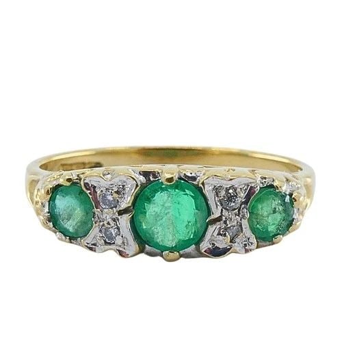VINTAGE 9K GOLD EMERALD DIAMOND THREE-STONE RING (1 of 2)