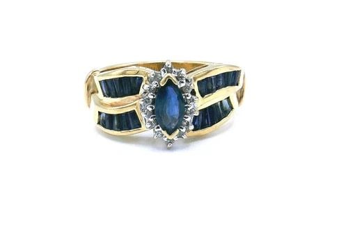 14K YELLOW GOLD MARQUISE SAPPHIRE DIAMOND TURBAN RING: Nadine Krakov Collection Fine Jewelry, Arts & Antiques 9454 Wilshire Blvd Beverly Hills, CA NS IOO 14k Yellow Gold Marquise Sapphire Diamond Turban Ring Stamped with a hallmark for 14 karat. Measureme