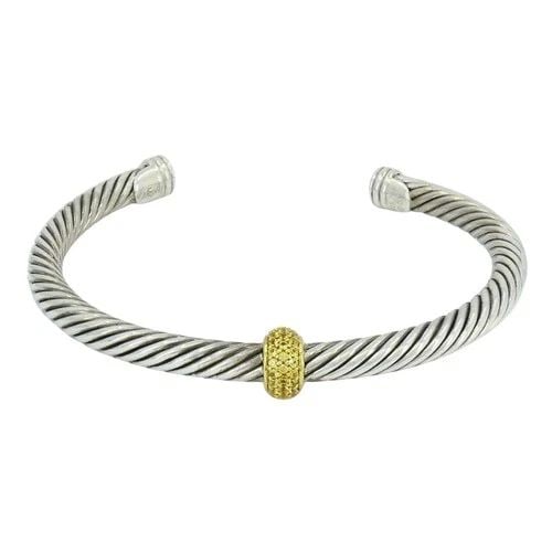 DAVID YURMAN 18K GOLD STERLING SILVER SAPPHIRE STATION CABLE CUFF BRACELET: DAVID YURMAN 18K GOLD STERLING SILVER SAPPHIRE STATION CABLE CUFF BRACELET KL UTO This David Yurman 5 mm cable bracelet is crafted in sterling silver and 18k yellow gold, incorporating the brand’s w