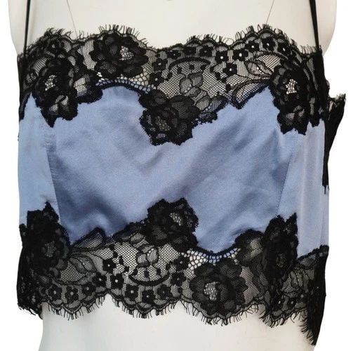 FLEUR DU MAL BLUE SILK BLACK LACE CROPPED TANK TOP (1 of 2)