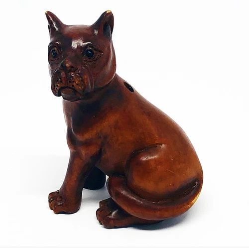 ASIAN ANTIQUE NETSUKE WOOD CARVED DOG FIGURINE MINIATURE COLLECTABLE DECORATIVE (1 of 2)