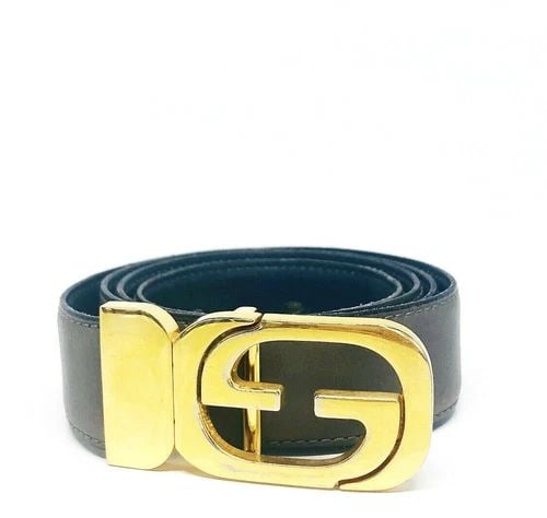 VINTAGE 1970'S GUCCI REVERSABLE GREY NAVY LEATHER GOLD G BUCKLE BELT (1 of 2)