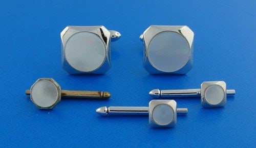 SWANK MOTHER-OF-PEARL WHITE METAL CUFFLINKS STUD SET IN BOX UNISEX (1 of 2)
