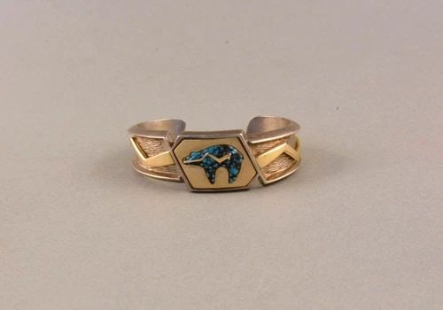 RARE CALVIN BEGAY / SCOTT PATRICK NAVAJO BRACELET - 14 K YELLOW GOLD - TURQUOISE (1 of 2)