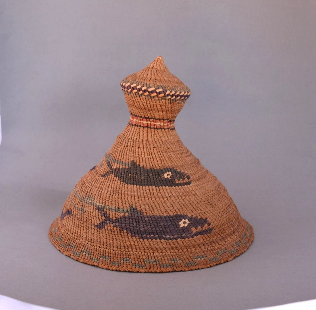 RARE VINTAGE OLDER NORTHWEST COAST WHALER'S HAT BASKET - PICTORIAL WHALES - (1 of 2)