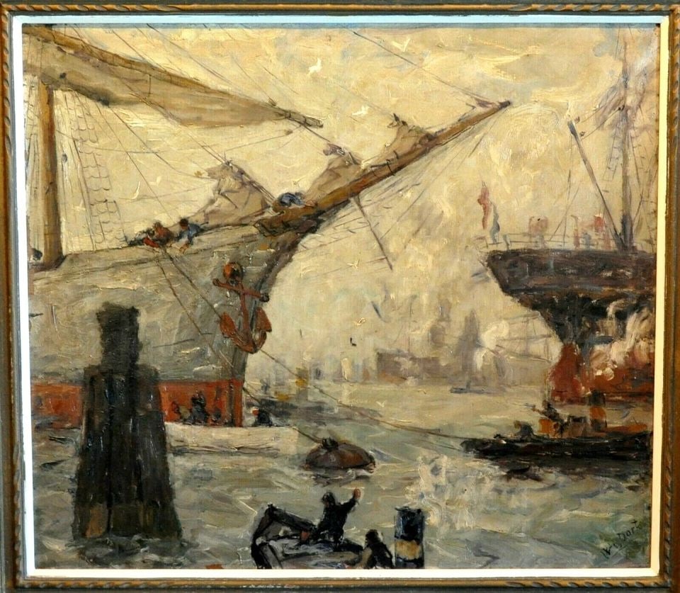 WILLEM VAN DORT (1875-1949) OIL PAINTING SHIPS AT PORT - ROTTERDAM NETHERLANDS: WILLEM VAN DORT (1875-1949) OIL PAINTING SHIPS AT PORT - ROTTERDAM NETHERLANDS Item Description: This original oil painting on canvas was done by Dutch painter Willem Van Dort (1875-1949). This painti