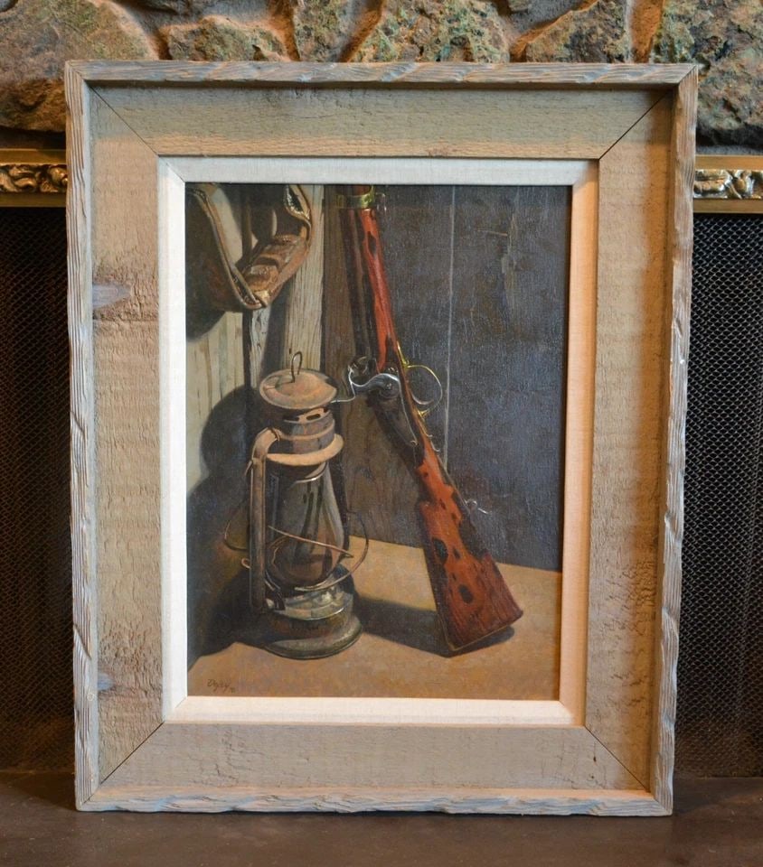 DON DOXEY (1928-) WESTERN STILL LIFE OIL PAINTING - RIFLE LANTERN IN CABIN (1 of 2)