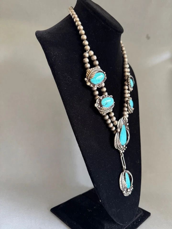 WADDIE CRAZYHORSE - EARLY SILVER BEAD NECKLACE - 6 LARGE TURQUOISE STONES - 20" (1 of 2)