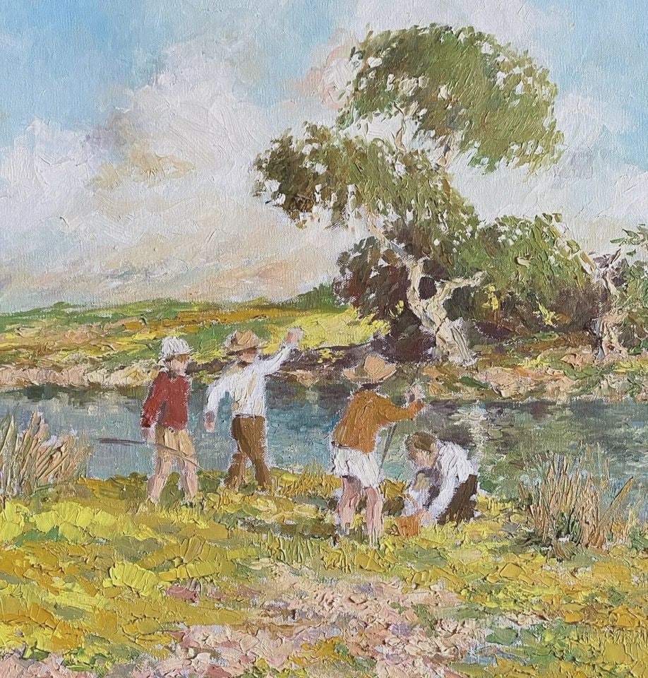 VTG CALIFORNIA LANDSCAPE - OIL PAINTING - AT THE FISHING HOLE - SOTIRIS CORZO: VTG CALIFORNIA LANDSCAPE - OIL PAINTING - AT THE FISHING HOLE - SOTIRIS CORZO Item Description: This lovely impressionist landscape sparkles with sunlight and the joy of children fishing together. It 