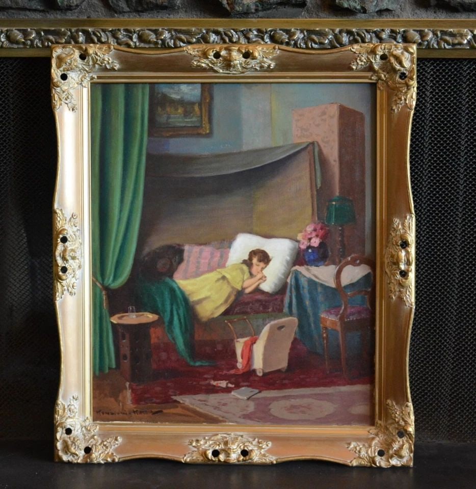 ENDRE KOMAROMI-KACZ (1880-1969) HUNGARIAN - OIL PAINTING YOUNG GIRL NAPPING: ENDRE KOMAROMI-KACZ (1880-1969) HUNGARIAN - OIL PAINTING YOUNG GIRL NAPPING This antique oil painting was done by Hungarian artist Endre Komaromi-Kacz (1890-1969). Endre is known for his genre paintin