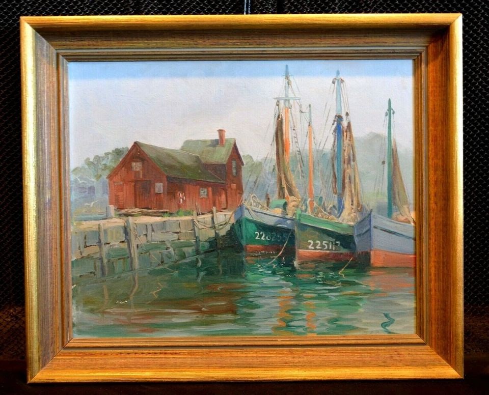 EDWARD P. BUYCK 1880-1960 VTG PAINTING ROCKPORT MASS HARBOR SCENE (1 of 2)