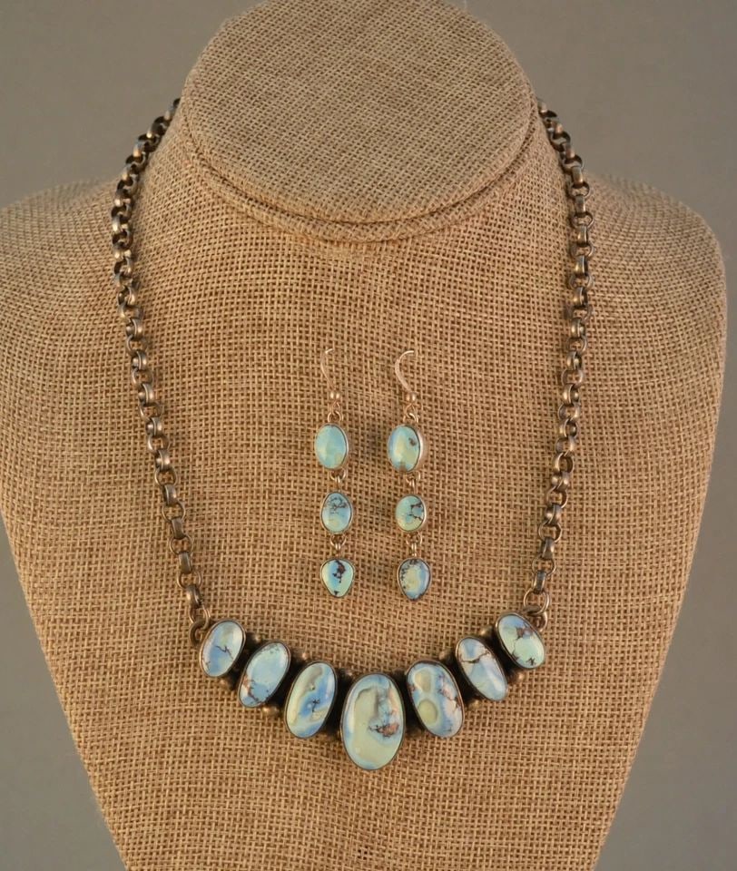 RANDALL ENDITO - GOLDEN HILLS TURQUOISE SILVER NECKLACE W. DANGLE EARRINGS - SET: RANDALL ENDITO - GOLDEN HILLS TURQUOISE SILVER NECKLACE W. DANGLE EARRINGS - SET This gorgeous necklace and earring set has been beautifully crafted by Navajo silversmith Randall Endito. It is signed 