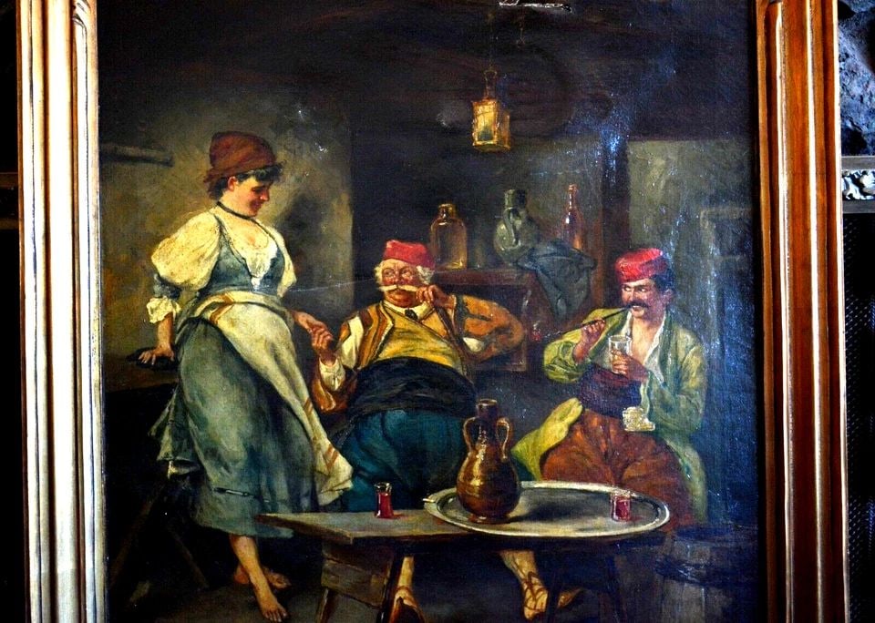 ANTIQUE OIL PAINTING - HUNGARY TURKS SMOKING DRINKING W. BAR MAID - LATE 1800S: ANTIQUE OIL PAINTING - HUNGARY TURKS SMOKING DRINKING W. BAR MAID - LATE 1800S Item Description: This large antique oil painting catches your interest quickly, telling a story of another time when Tur