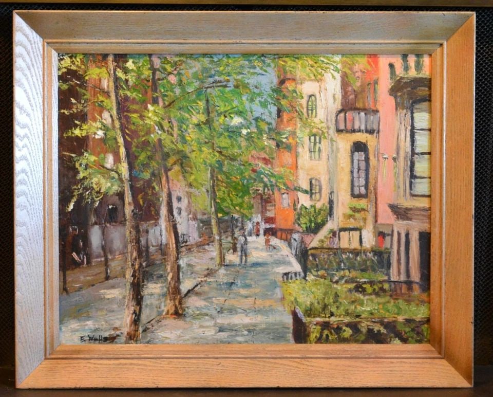 ROBERT E. WELLS - VINTAGE OIL PAINTING - COLORFUL ENGLISH VILLAGE STREET (1 of 2)