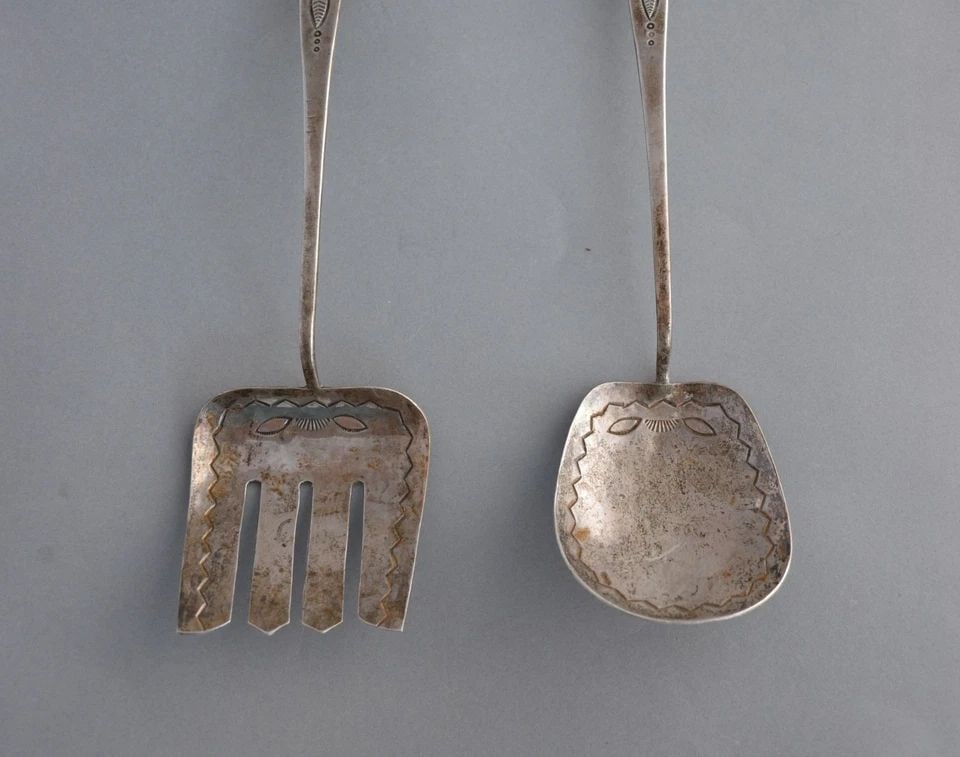 RARE OLD PAWN NAVAJO SILVER STAMPED SPOON FORK SERVING SET - TURQUOISE - 10 1/4": RARE OLD PAWN NAVAJO SILVER STAMPED SPOON FORK SERVING SET - TURQUOISE - 10 1/4" This is a rare large sterling silver Navajo serving set. They have been beautifully crafted, handstamped and set with t