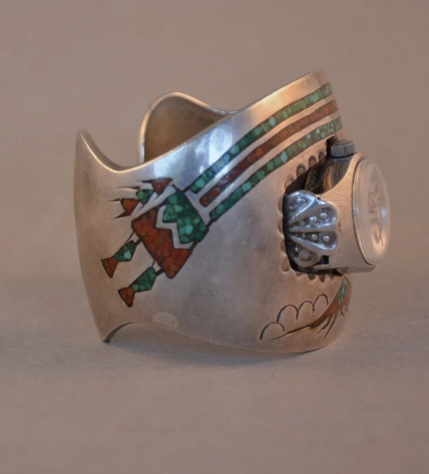 CHARLIE JOHN - VINTAGE NAVAJO WATCH BRACELET CUFF RAINBOW YEI BULOVA WATCH AUTO (1 of 2)