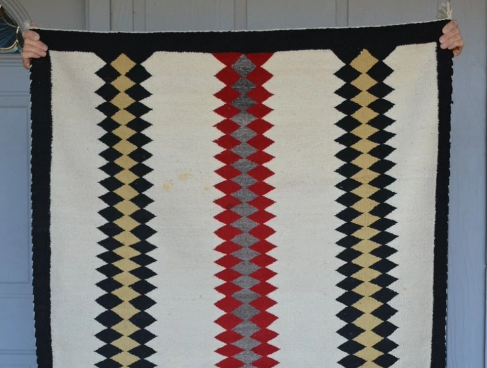 OLD NAVAJO RUG - RED BLACK TAN GREY VERTICAL BANDS ON WHITE GROUND - 62 X 42.5 (1 of 2)