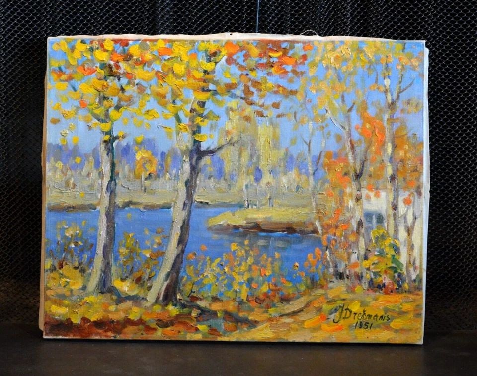 JEKABS DRESMANIS (1889-1956) - LATVIA LANDSCAPE IN AUTUMN - TREES LAKE - 1951 (1 of 2)