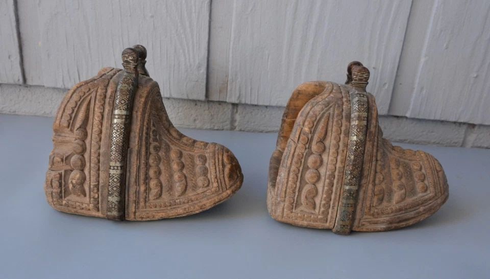 ANTIQUE 19TH C. CHILEAN HUASO HORSE ESTRIBOS STIRRUPS - CARVED WOOD SILVER INLAY (1 of 2)