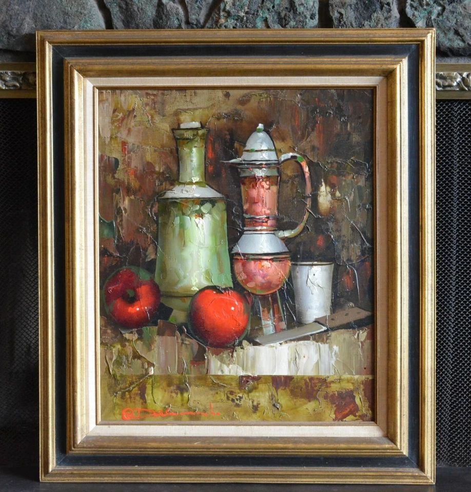 NIDIA D'ALLESANDRO - VIBRANT STILL LIFE PAINTING ITALIAN ANTIQUE COFFEE POT: NIDIA D'ALLESANDRO - VIBRANT STILL LIFE PAINTING ITALIAN ANTIQUE COFFEE POT This vibrant still life painting was done by Italian artist Nidia D'Alessandro (1943-). The colors are deep, rich and glowin