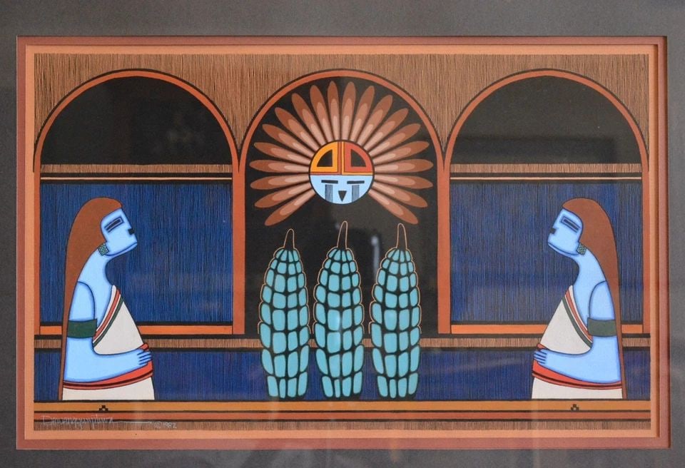 DAVID DAWANGYUMPTEWA (1957-) HOPI TEWA PAINTING CORN MAIDENS - SUN FACE - FRAMED (1 of 2)