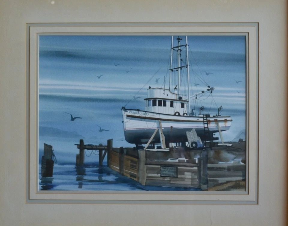 GLENN SCOTT KUHNLY - WATERCOLOR PAINTING - BOAT UP FOR REPAIRS - SAN DIEGO CALIF (1 of 2)