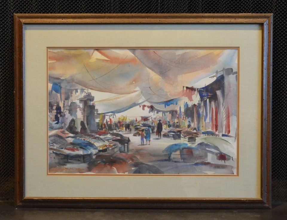 DONALD LLOYD MILLER 1923-1993 WATERCOLOR PAINTING - BUSY AFRICAN MARKET PLACE: DONALD LLOYD MILLER 1923-1993 WATERCOLOR PAINTING - BUSY AFRICAN MARKET PLACE 14" x 21" With Frame 22" x 29" Mr. Miller was born in Jamaica and was brought to this country as an infant. He trained at 